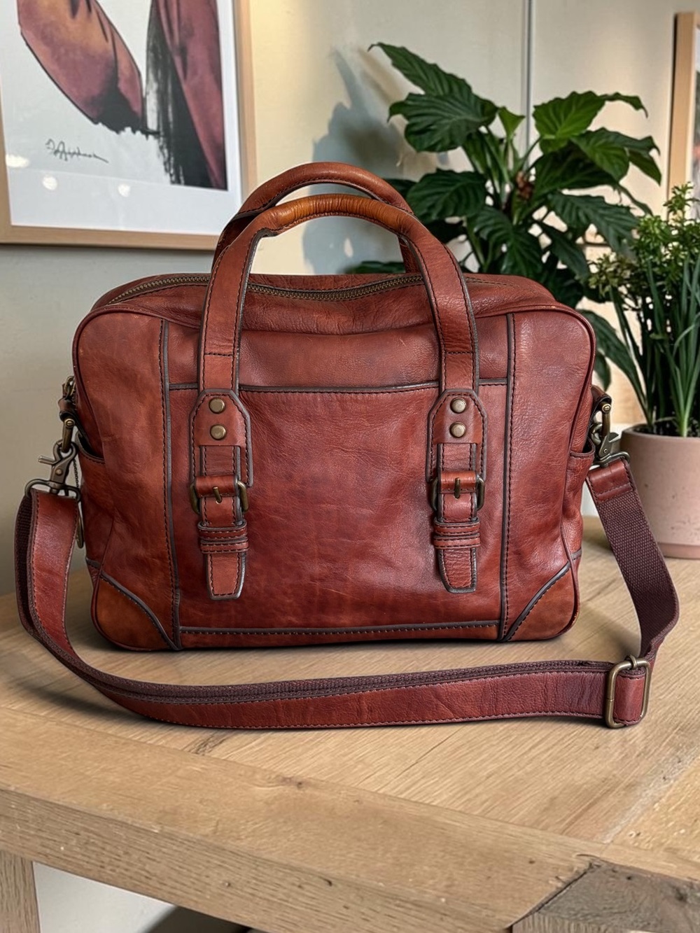 Fossil Chestnut Brown Leather Laptop Bag with Shoulder Strap - Picture 4 of 16